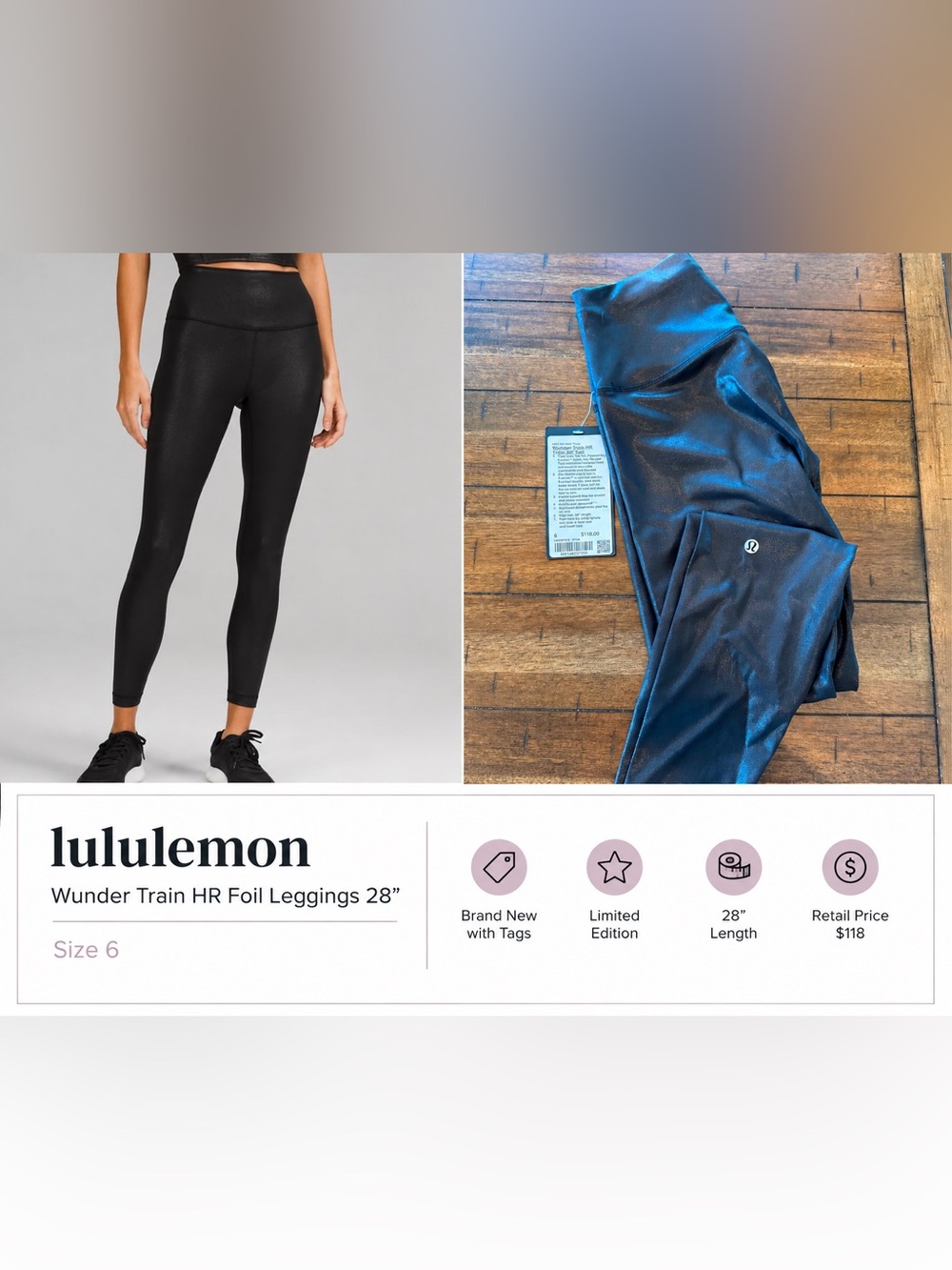 Lululemon Wunder Train HR Tight 28” Foil Leggings Size 6 NWT Black Shiny - Picture 5 of 9